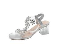 Generico Women's Summer Flower Rhinestone Open Toe Block Heel Sandals Elastic Ankle Strap Chunky Square Open Toe Heeled Sandals (Silver,37)