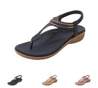 Generico Women's T-Strap Flat Sandals With Sparkling Rhinestones, Bohemian Rhinestone T-strap Flat Sandal, Summer Sandals for Women (Black,37)