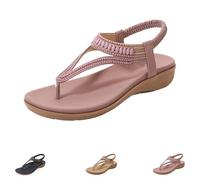 Generico Women's T-Strap Flat Sandals With Sparkling Rhinestones, Bohemian Rhinestone T-strap Flat Sandal, Summer Sandals for Women (Pink,39)