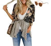 Generico Womens Tie Front Kimono Cardigans,Cute Flowy Floral Patchwork Boho Tops,Loose Ruffle 3/4 Sleeve Cardigan for Spring Summer