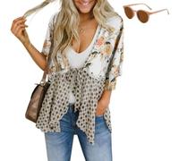 Generico Womens Tie Front Kimono Cardigans,Cute Flowy Floral Patchwork Boho Tops,Loose Ruffle 3/4 Sleeve Cardigan for Spring Summer