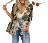 Generico Womens Tie Front Kimono Cardigans,Cute Flowy Floral Patchwork Boho Tops,Loose Ruffle 3/4 Sleeve Cardigan for Spring Summer
