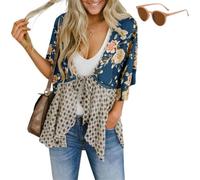 Generico Womens Tie Front Kimono Cardigans,Cute Flowy Floral Patchwork Boho Tops,Loose Ruffle 3/4 Sleeve Cardigan for Spring Summer