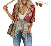 Generico Womens Tie Front Kimono Cardigans,Cute Flowy Floral Patchwork Boho Tops,Loose Ruffle 3/4 Sleeve Cardigan for Spring Summer