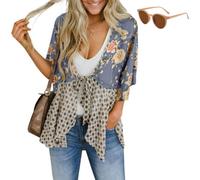 Generico Womens Tie Front Kimono Cardigans,Cute Flowy Floral Patchwork Boho Tops,Loose Ruffle 3/4 Sleeve Cardigan for Spring Summer