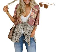 Generico Womens Tie Front Kimono Cardigans,Cute Flowy Floral Patchwork Boho Tops,Loose Ruffle 3/4 Sleeve Cardigan for Spring Summer