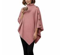 Generico Women's Turtleneck Poncho Sweater - Cozy Knit Pullover with Button Details, Asymmetrical Hem, Soft Warm Fall Winter Wrap Shawl Cape for Casual Outfits, Travel & Layering(Pink)