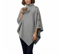 Generico Women's Turtleneck Poncho Sweater - Cozy Knit Pullover with Button Details, Asymmetrical Hem, Soft Warm Fall Winter Wrap Shawl Cape for Casual Outfits, Travel & Layering(Gray)