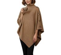 Generico Women's Turtleneck Poncho Sweater - Cozy Knit Pullover with Button Details, Asymmetrical Hem, Soft Warm Fall Winter Wrap Shawl Cape for Casual Outfits, Travel & Layering(Brown)