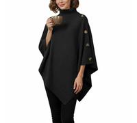 Generico Women's Turtleneck Poncho Sweater - Cozy Knit Pullover with Button Details, Asymmetrical Hem, Soft Warm Fall Winter Wrap Shawl Cape for Casual Outfits, Travel & Layering(Black)