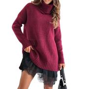 Generico Women's Turtleneck Sweater Mini Dress Set Solid Color Loose Top with Elegant Lace-Trim Slip Dress 2 Piece Winter Outfit (Red, S)