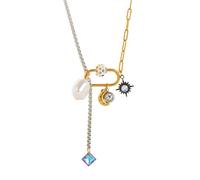 Generico Women's Two-Tone Mixed Chain Necklace - Pearl & Celestial Charm Pendant Necklace, Statement Retro Layered Jewelry