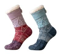 Generico Women's Ultra Cozy Fuzzy Slipper Socks with Non-Slip Grips - Fleece-Lined Warm Cabin Socks for Home, Winter Comfort (Purple+Blue)