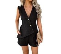Generico Women's Vest And Shorts Set, Summer V-Neck Sleeveless Button-Down Vest, Lightweight And Breathable, Suitable for Work, Business And Leisure (Black,L)