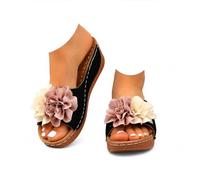 Generico Womens Wedge Sandals Comfortable Slip On Flower Sandals Boho Open Toe Platform Casual Dressy Summer Beach Walking Slides with Arch Support (black,38)