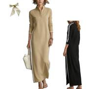 Generico Women's White Trimmed Button Down Collar Sweatshirt Maxi Dress,Casual Loose Long Sleeve Stand Collar Sporty Sweatshirt Dress (IT, Testo, XL, Regular, Regular, Apricot)