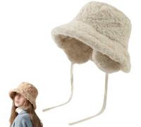 Generico Women's Winter Cute Bucket Hats with Ear Flaps & Drawstring,Fuzzy Faux Fur Fisherman Hat,Removable Ear Protection Plush cap (Beige)