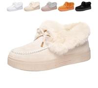 Generico Womens Winter Warm Bow Suede Platform Snow Boots, Fur Lined Ankle Loafers Slip on Fuzzy Lightweight Casual Flat Boots (Beige Low Top,36)