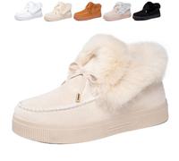 Generico Womens Winter Warm Bow Suede Platform Snow Boots, Fur Lined Ankle Loafers Slip on Fuzzy Lightweight Casual Flat Boots (Beige Mid Top,36)