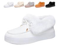 Generico Womens Winter Warm Bow Suede Platform Snow Boots, Fur Lined Ankle Loafers Slip on Fuzzy Lightweight Casual Flat Boots (White Low Top,36)