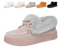 Generico Womens Winter Warm Bow Suede Platform Snow Boots, Fur Lined Ankle Loafers Slip on Fuzzy Lightweight Casual Flat Boots (Grey Low Top,37)