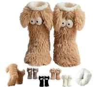 Generico Women's Winter Warm Fuzzy Non-Slip Slipper Sock with Cute Big Eyes, Thick Fleece Home Cozy Socks (Coffee)