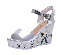 Generico Zeppe Donna Estive Scarpe da Ginnastica Estive Sandali Di Cuoio Solidi Del Ricamo Sandali Delle Donne Di Pesce Colore Della Piattaforma Delle Signore Modo Della (Silver,39)