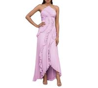 GenericoAbito da donna senza maniche, fettuccia sul collo, tinta unita, elegante, maxi con volant, design avvolgente, spacco laterale, sera estivo, cocktail
