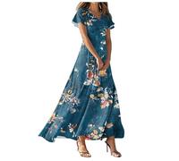 Générique Abiti lunghi da donna, scollo a V, maniche corte, vita impero, stile bohémien, estivi, feste, spiaggia, abiti fluidi da sera lunghi, Marina, L