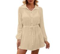 Générique Abito a camicia da donna tinta unita a maniche lunghe con cintura dal taglio elegante per il quotidiano professionale e le uscite casual del fine settimana, beige, S