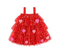 Générique Abito a Pavimenti per Ragazza in Tulle con Cuori e Stelle Dorate Senza Maniche Costume da Festa per Danza, rosso, 3 Anni