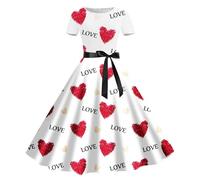Générique Abito casual da donna, alla moda, con stampa d'amore di San Valentino, scollo rotondo, a maniche corte, stile retrò, elegante, bianco, L
