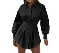 Générique Abito da donna a pieghe a vita slim fit a maniche lunghe in camicia sexy corta per stile casual e uscite, Le Noir, M