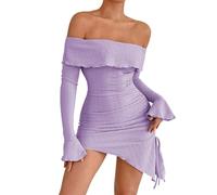 Générique Abito da donna a spalla scoperta manica svasata abito corto aderente elegante abito da sera sensuale glamour abiti aspetto frizzante vibrante abiti da evento dinamico chic, viola chiaro, S