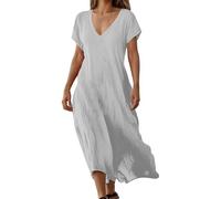 Générique Abito da donna in lino con scollo a V e maniche corte in tinta unita, comodo per il giorno, bianco, 3TG