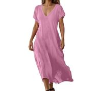 Générique Abito da donna in lino con scollo a V e maniche corte in tinta unita, comodo per il giorno, rosso, 5TG