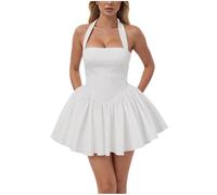Générique Abito da donna, sexy, tinta unita, con lacci, con fiocco, gonna a bottone, abito lungo bianco boheme, bianco, L