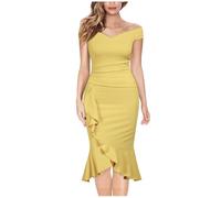 Générique Abito da sera da donna, elegante e fluido, abito da sera, scollo a V, scollo a V, taglio irregolare, volant asimmetrico, in tessuto elegante e liscio, per cocktail e ballo, Giallo91, S