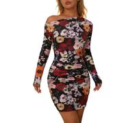 Générique Abito da sera da donna nero con stampa floreale sensuale, una spalla a maniche lunghe, a vita alta, vestibilità aderente con arricciature, abito corto per feste e eventi notturni