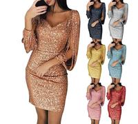 Générique Abito da sera donna elegante ed elegante con lustrini, abito da sera cocktail da donna lungo, 2025 nuovi abiti frangia gonna paillettes temperamento glamour senza spalline abito tinta unita