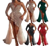 Générique Abito Da Sera Donna Lunga Principessa, Abito Da Sera Donna Chic Ed Elegante Matrimonio Paillette, 2025 Nuova Gonna Paillettes A Una Spalla Abiti Slot Dress Avvolto in Fianchi Abiti, beige, L