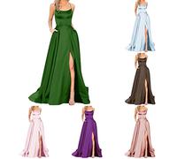 Générique Abito da sera impero donna, abito da donna elegante elegante e di grandi dimensioni, abito lungo fluido abiti tinta unita spacco abito senza maniche senza maniche abiti slim fit, marrone, L