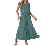 Générique Abito lungo da donna, elegante e chic, beige con scollo a V, senza maniche, gonna con volant in vita elastica, fluida, alla moda, per l'estate, tutti i giorni, le uscite in spiaggia, le