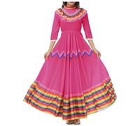 Générique Abito lungo e largo bohemien, da donna, abito casual, per festa messicana, danza, spettacolo sul palco, 5 maggio, abito nero da donna, rosa acceso, S