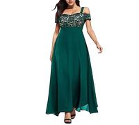 Générique Abito lungo in pizzo floreale maniche a spalla svelato per donna grande sera elegante, verde, XL