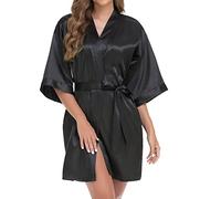 Générique Accappatoio da donna corto, accappatoio da bagno da donna estivo, in raso ricamato, abito corto chic ed elegante, a maniche a tre quarti, scollo a V, camicia da notte leggera con cintura per