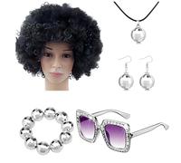 Générique Accessori da discoteca anni '70 per donne,Gioielli da discoteca per donne anni '70,5 pezzi accessori per palla da discoteca set di costumi da discoteca - Parrucca afro, orecchini,