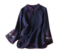 Générique Accessori Rigolo Costume Tradizionale Cinese Camicetta Donne Cotone Lino Camicetta Camicie Manica Lunga Rana Pulsante Top Cheongsam Idea Regalo per Nonno, Marina, M