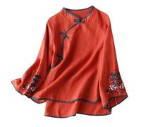 Générique Accessori Rigolo Costume Tradizionale Cinese Camicetta Donne Cotone Lino Camicetta Camicie Manica Lunga Rana Pulsante Top Cheongsam Idea Regalo per Nonno, rosso, 4X-Large