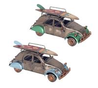 Générique Auto in metallo 2CV retrò con tavola da Surf, set di 2, bicolore grigio bronzo, 17 cm, decorazione Nostalgia Vacanza